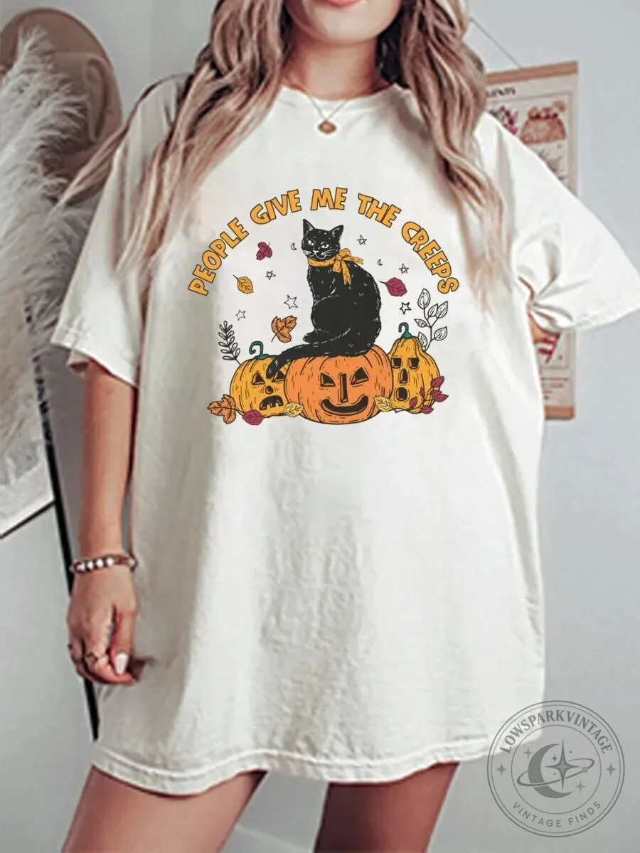 People Give Me The Creeps Black Cat Pumpkin Halloween Graphic T-Shirt