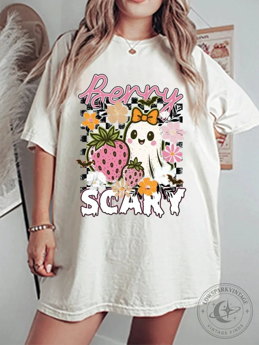 Cute Ghost Strawberry Berry Scary Halloween Spooky Graphic T-Shirt