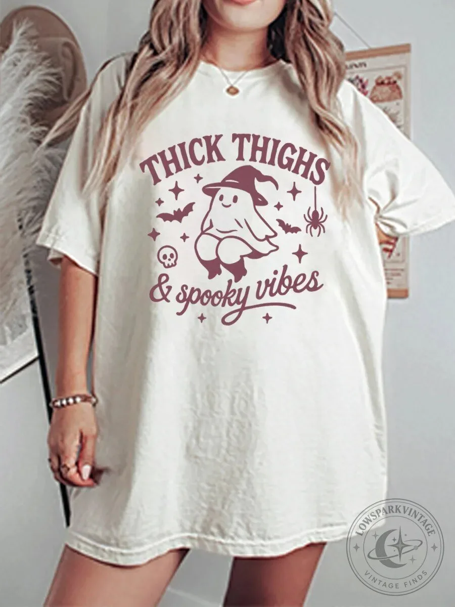 Thick Thighs and Spooky Vibes Halloween Ghost Graphic T-Shirt
